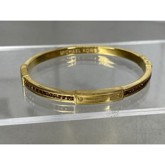 Michael Kors Gold Brown Crystals Bracelet Clasp Bangle Signed - Picture 2 of 6